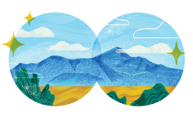 Illustration shows Sleeping Ute Mountain through binocular lenses