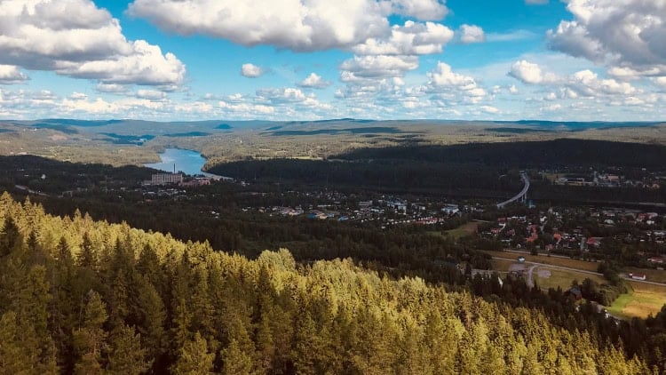 small town in river valley amid forest