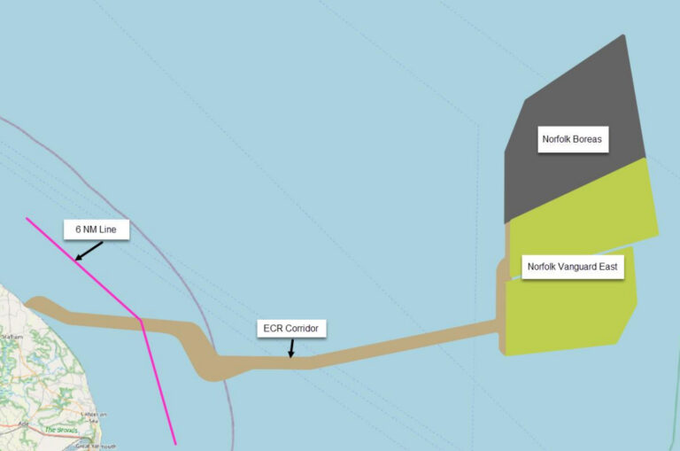 An image showing Norfolk Boreas and Norfolk Vanguard East Offshore Wind sites on a map