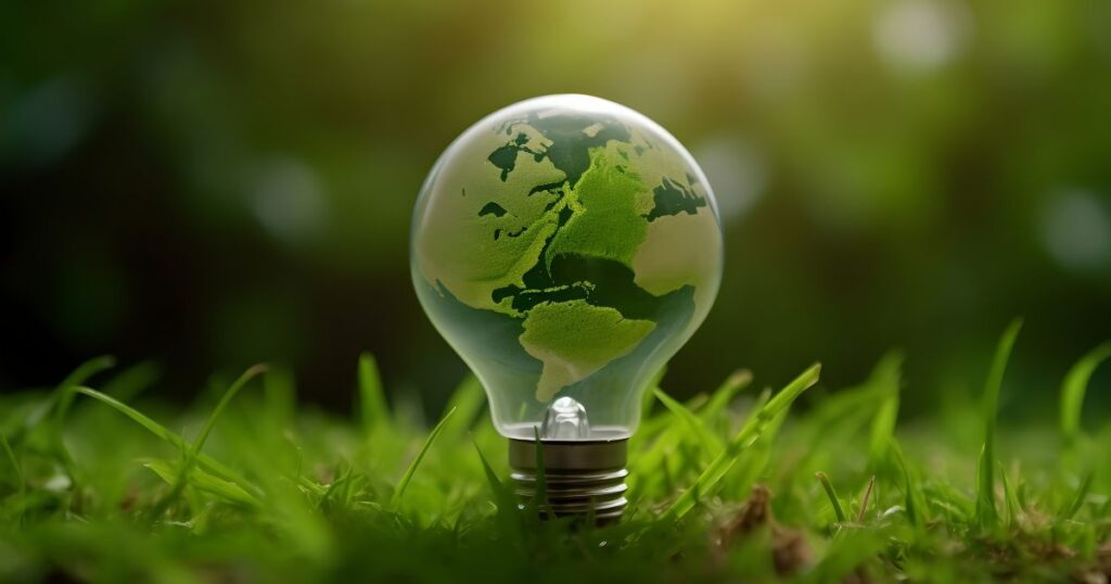 a light bulb adorned with a world map pattern symbolizes the advocacy for green environmentalism, the adoption of renewable energy sources