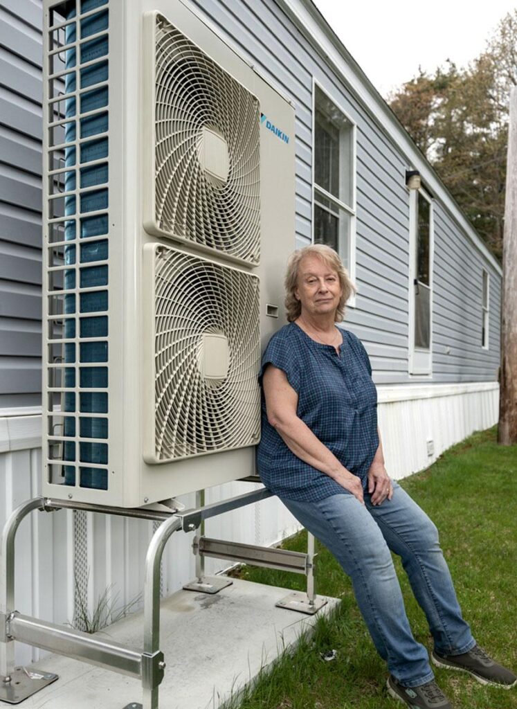 Anne Pappas sits next to her heat pump, installed on the side of her gray and white mobile home.