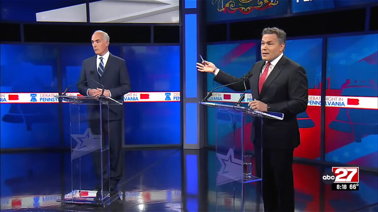 Democratic Sen. Bob Casey (left) and Republican Dave McCormick talk energy issues during Pennsylvania’s first Senate debate on Thursday. Credit: WHTM