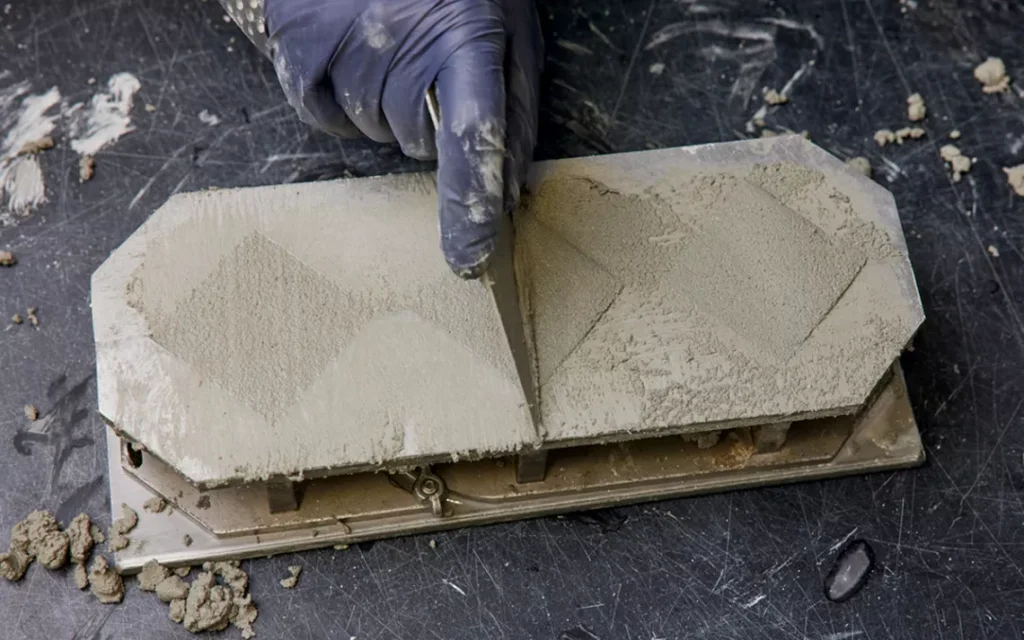 Close-up of a blue-gloved hand tamping concrete into molds.