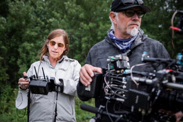 Mary Mazzio (left) and Joe Grosso filming on location at the Bad River Reservation. Credit: Richard Schultz/Courtesy of 50 Eggs Films