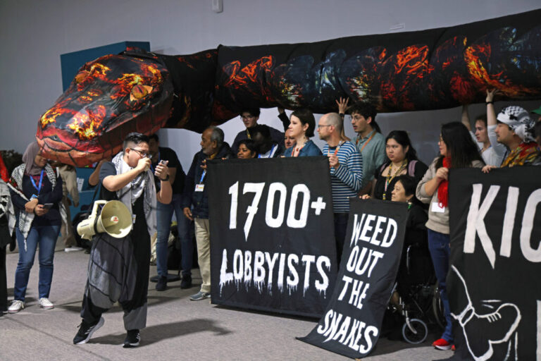 Activists protesting against fossil fuel lobbyists participating in COP29 demonstrate on day five of the UNFCCC climate conference on Nov. 15 in Baku, Azerbaijan. Credit: Sean Gallup/Getty Images