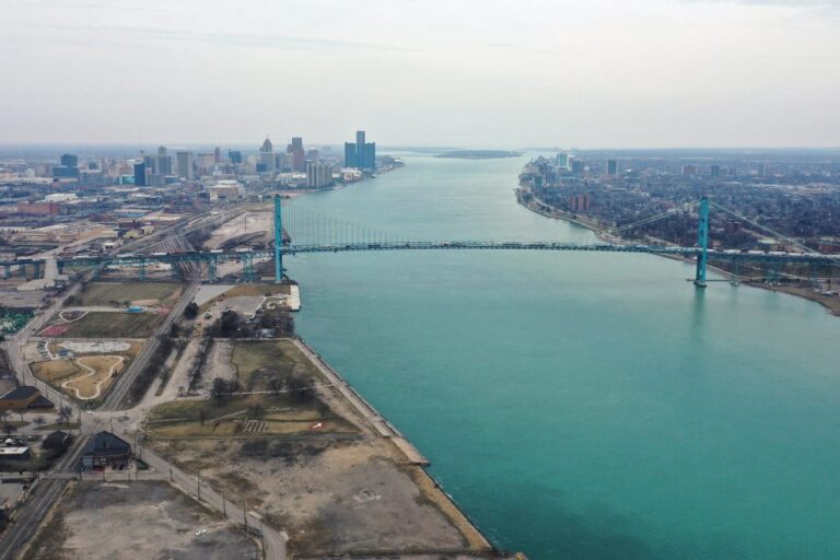 An aerial view of the Ambassador Bridge that connects Detroit and Windsor, Canada. Credit: Gregory Shamus/Getty Images