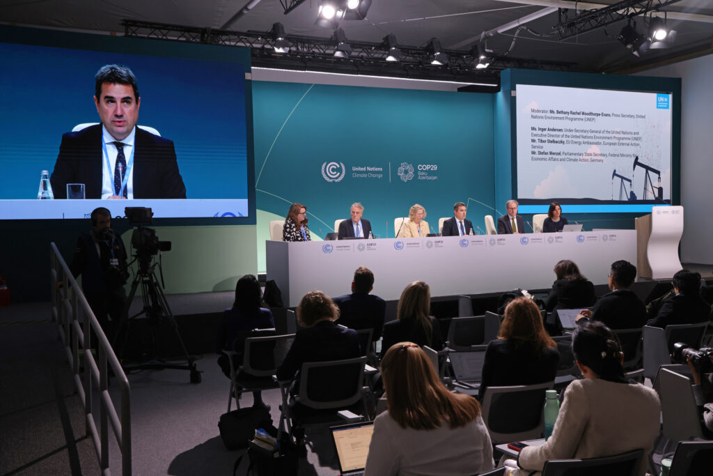 A panel presents the United Nations Methane Report at the COP29 climate conference on Friday in Baku, Azerbaijan. Credit: Sean Gallup/Getty Images