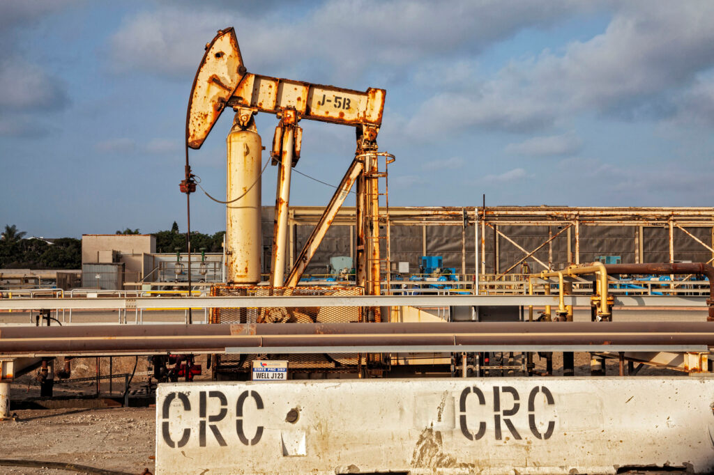 Oil wells and pump jacks sit idle at the California Resources Corporation facility in Huntington Beach. Credit: Citizen of the Planet//Education Images/Universal Images Group via Getty Images