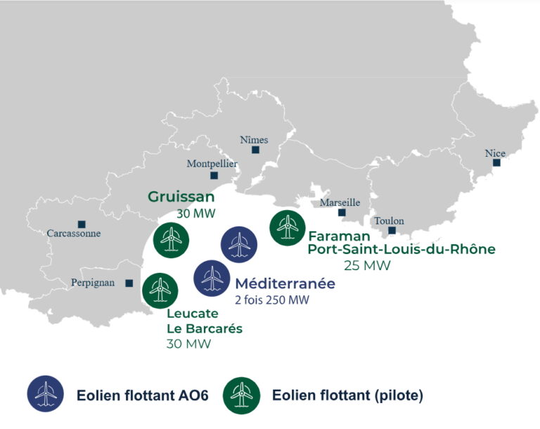 A map of French floating wind projects in the Mediterranean Sea