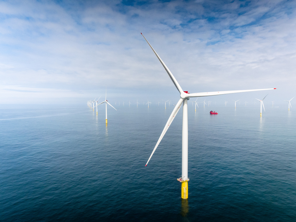 An aerial photo of the Dudgeon Offshore Wind Farm in the UK