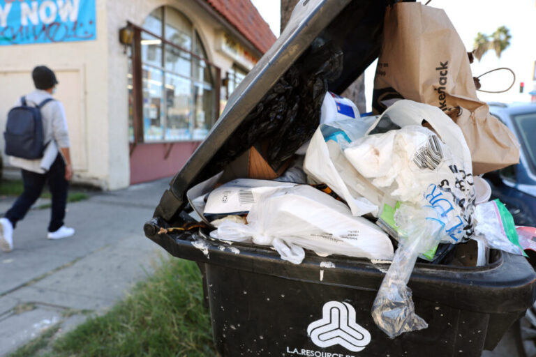 Discarded plastic and other material overflow in a garbage bin in Los Angeles. Credit: Mario Tama/Getty Images