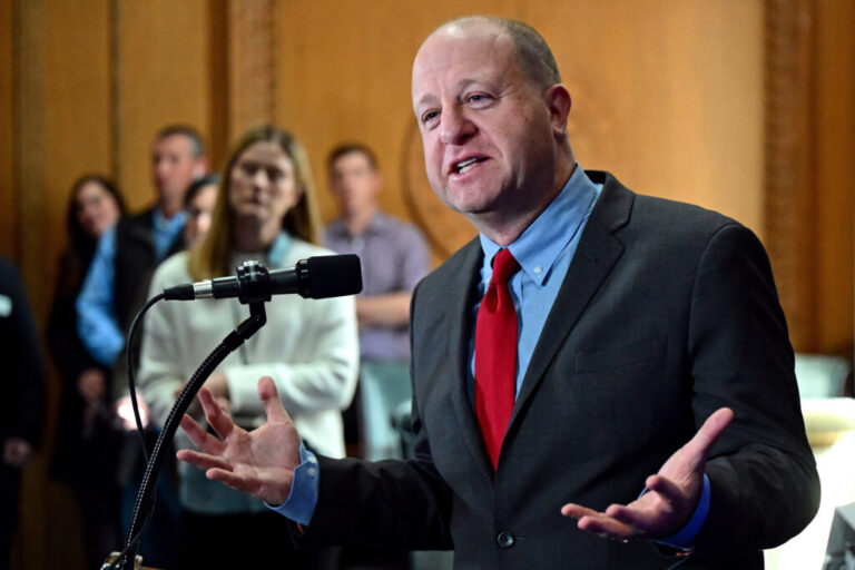 Gov. Jared Polis presents his budget for 2025 at the Colorado State Capitol building in Denver on Nov. 1, 2024. Credit: Hyoung Chang/The Denver Post