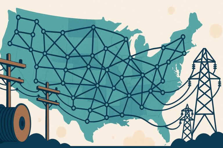 interconnected poles and wires over a map of the US