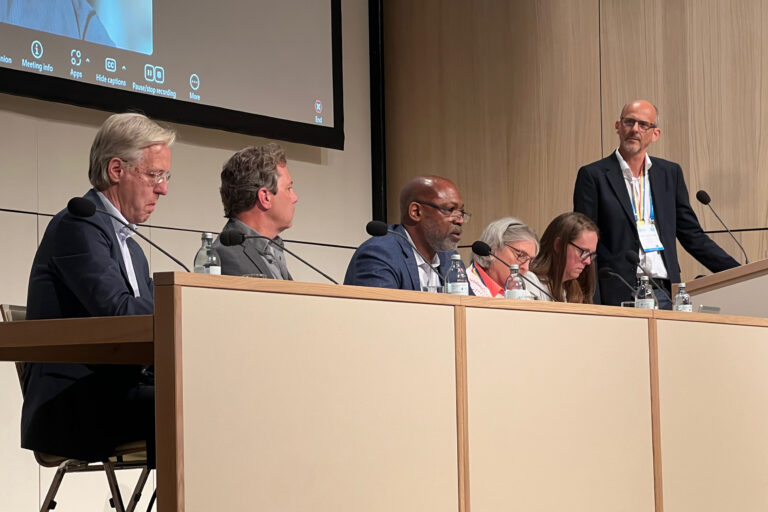 Brandon Jones (center), president of the American Geophysics Union, speaks about how the global science community can withstand political attacks on science during the European Geosciences Union annual conference on May 2. Credit: Bob Berwyn/Inside Climate News