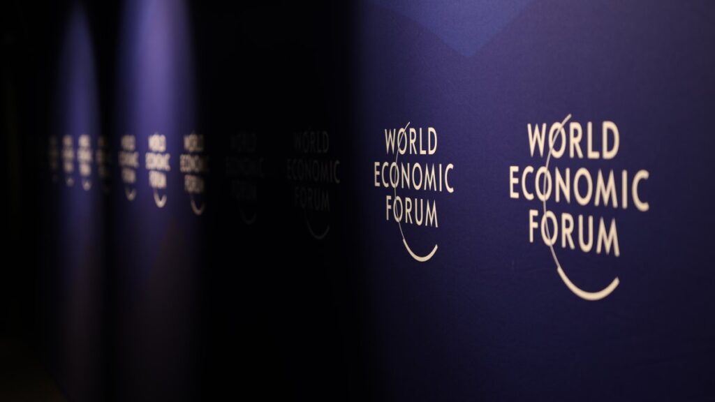 The World Economic Forum logos adorn the walls at a hall ahead of the forum's annual gathering in Davos, Switzerland, Jan. 18, 2025. (Getty Images Photo)