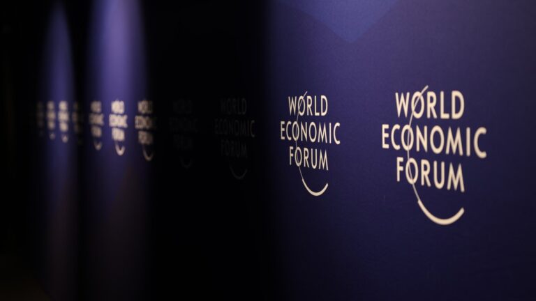 The World Economic Forum logos adorn the walls at a hall ahead of the forum's annual gathering in Davos, Switzerland, Jan. 18, 2025. (Getty Images Photo)