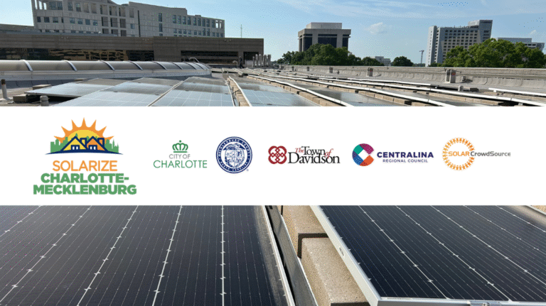 Image of solar panels on a roof with Solarize Charlotte-Mecklenburg logo and other logos overlaid.