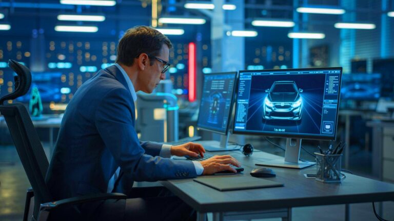 Illustration of a cybersecurity expert discovering a vulnerability in a connected vehicle system.