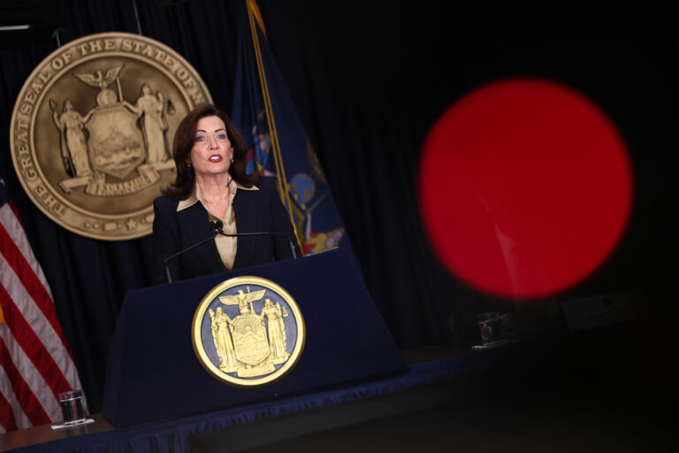 New York Gov. Kathy Hochul speaks during a press conference at her Manhattan office on Feb. 20 in New York City. Credit: Michael M. Santiago/Getty Images