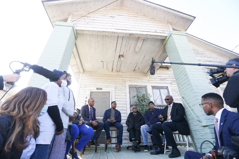 In 2021, Dr. Robert Bullard, from right, talks with Fifth Ward residents Water Mallett, Doris Brown, then-EPA Administrator Michael S. Regan and Houston Mayor Sylvester Turner during Regan