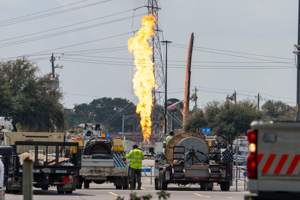Emergency crews respond to a pipeline fire in La Porte, Texas, on Sept. 17, 2024. Credit: Kirk Sides/Houston Chronicle via Getty Images