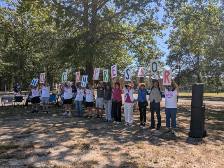 New Jersey environmental activists protest in August against Transco’s 32,000-horsepower compressor station proposed for Somerset County’s Franklin Township, New Jersey, part of the Northeast Supply Enhancement pipeline. Courtesy Charlie Kratovil.
