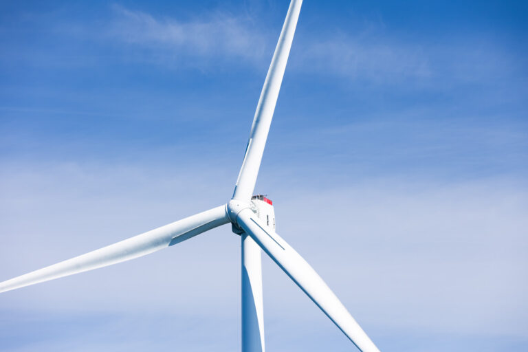 A close-up of a GE Haliade-X turbine at Vineyard Wind 1 offshore wind farm in Massachusetts