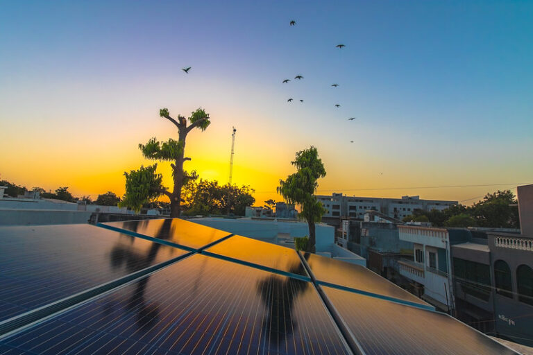 The sun rises over solar photovoltaics in Gujarat, India. Across the country, the government is planning to install rooftop solar on 10 million homes. (Santanu Sen/flickr)