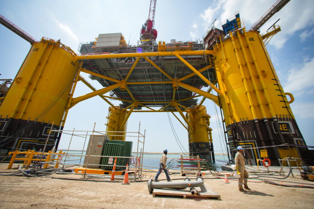 A construction crew works on Shell’s Vito platform at the Kiewit Offshore Services complex on April 6, 2022, in Ingleside, Texas. Credit: Brett Coomer/Houston Chronicle via Getty Images