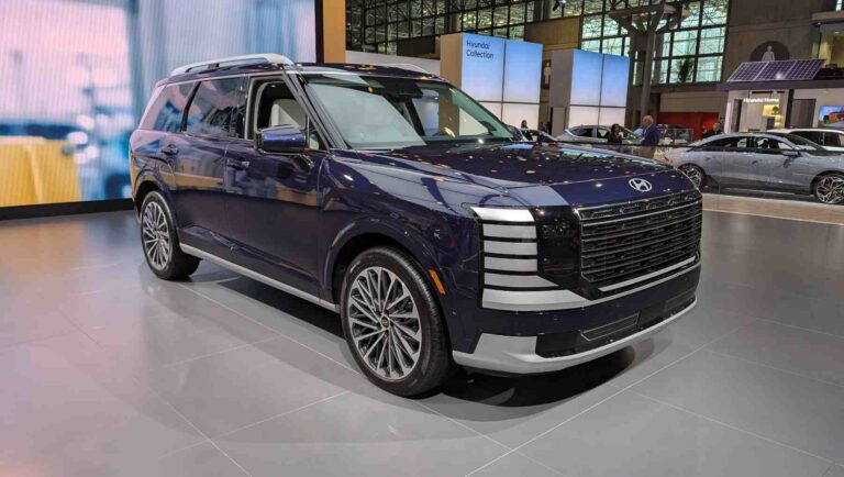 A blue 2026 Hyundai Palisade on display at the New York Auto Show