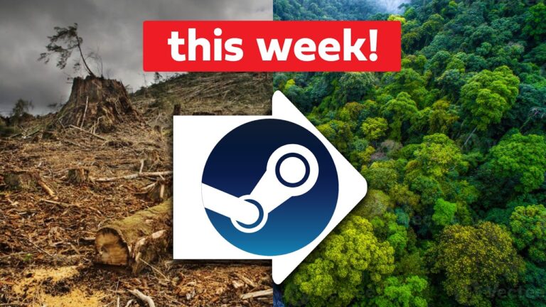 Split image: left shows deforestation, right shows dense rainforest, with a red 'this week!' banner and Steam logo overlay.
