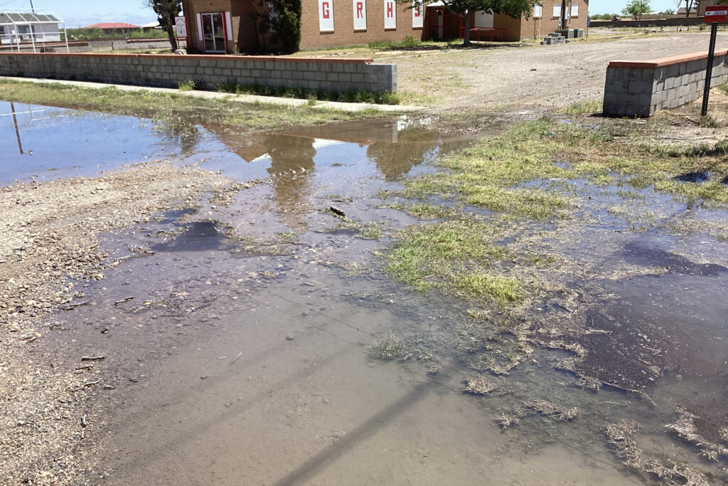 Water pooling is seen on Tuesday at the First Baptist Church in Grandfalls, Texas. Credit: Courtesy of Schuyler Wight