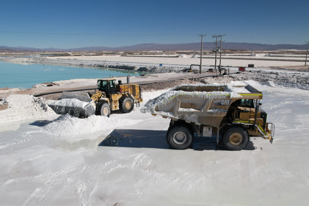 Mining trucks load lithium sulfate in Chile’s Atacama Salt Flat on July 29, 2024. Credit: Lucas Aguayo Araos/Anadolu via Getty Images