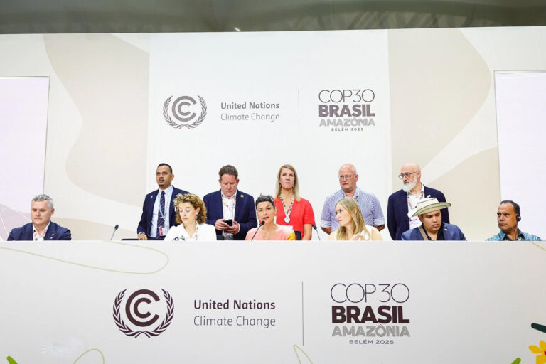 A panel announces the First Conference on Transitioning Away from Fossil Fuels during the COP30 in Belém, Brazil, on Nov. 21, 2025. Credit: First Conference on Transitioning Away from Fossil Fuels