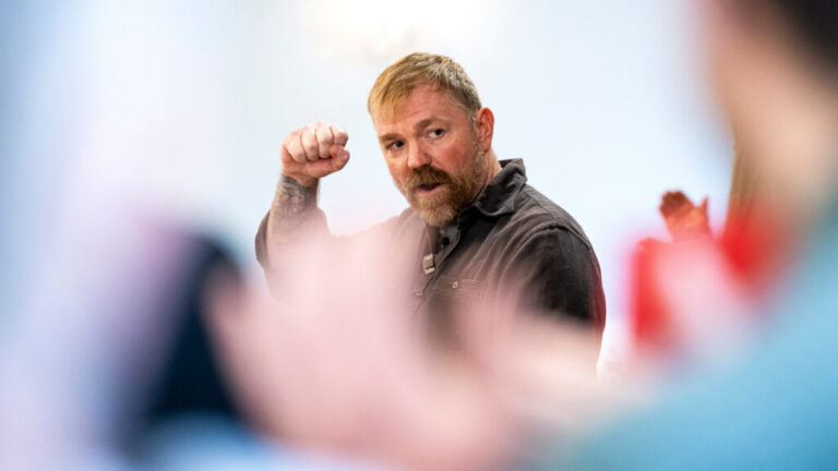 Senate candidate Graham Platner speaks during a campaign event on May 1 in Portland, Maine. Credit: Graeme Sloan/Getty Images