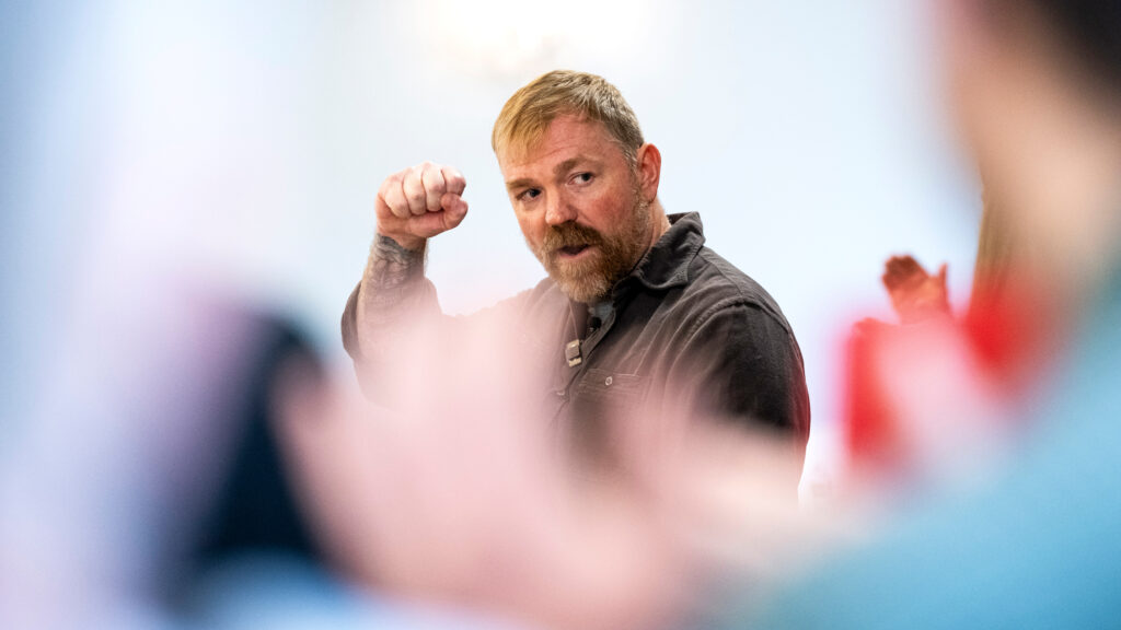 Senate candidate Graham Platner speaks during a campaign event on May 1 in Portland, Maine. Credit: Graeme Sloan/Getty Images