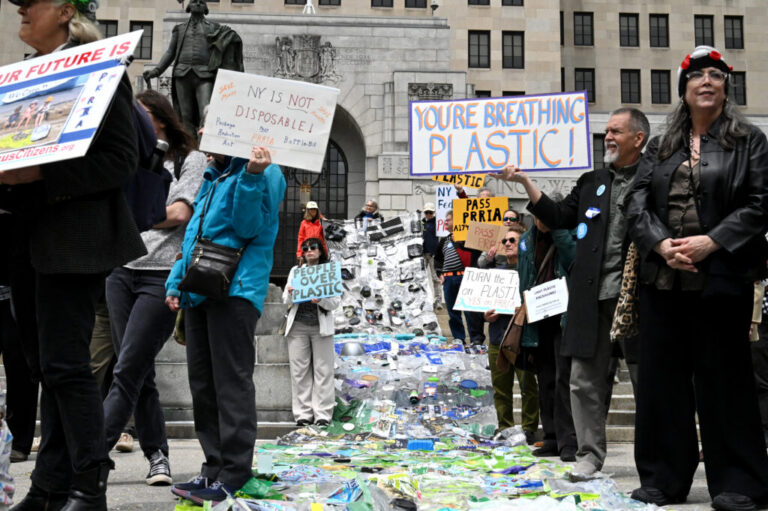 Environmental advocates join state legislators and health care professionals to urge the passage of the Packaging Reduction and Recycling Infrastructure Act on Monday in Albany, N.Y. Credit: Will Waldron/Albany Times Union via Getty Images