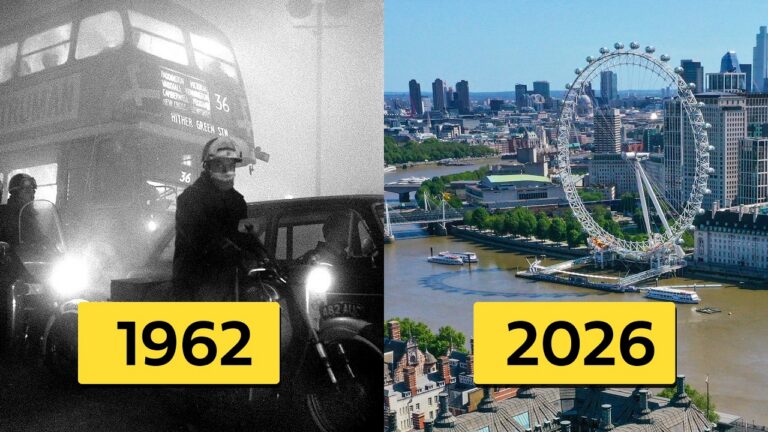 Split image showing two eras: left is a 1962 black-and-white firefighting scene with a vintage vehicle, right is a 2026 London skyline with the London Eye by the river.