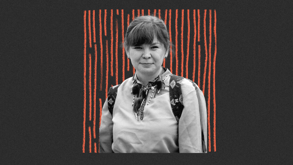 collage of Daria Egereva on dark gray background with red lines
