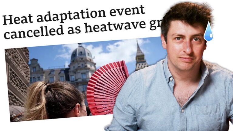 News thumbnail: a man sweating beside a headline about heat adaptation event cancelled due to a heatwave, with cityscape in the background.