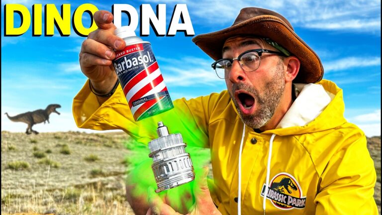 Man in a yellow jacket and hat presses Barbasol spray into a shiny device, green mist spraying, a distant dinosaur silhouette in a desert landscape.