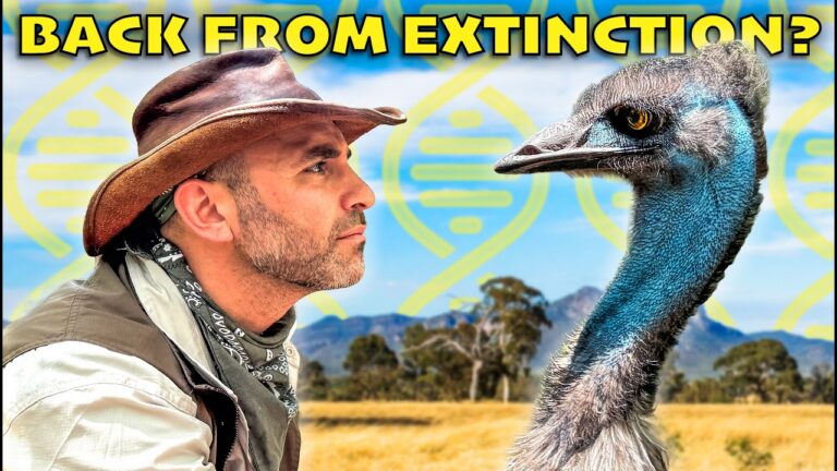 Man in a brown hat facing an emu in a sunlit field, with 'BACK FROM EXTINCTION?' text overlay.