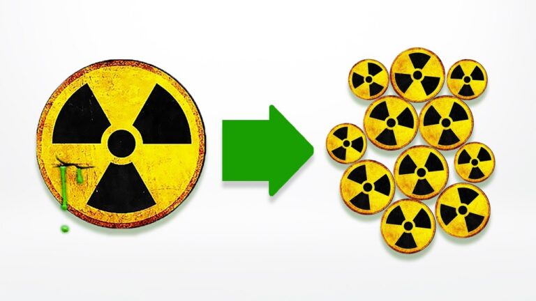 Large radioactive symbol on the left, a green arrow, and many smaller radioactive symbols on the right, showing a transformation or multiplication of waste hazard signs каж