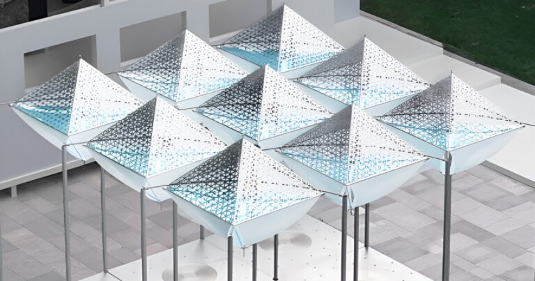 suspended glacier forms translate climate change into interactive installation