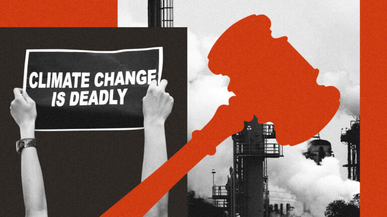 Collage of gavel, oil refinery, and protest sign reading