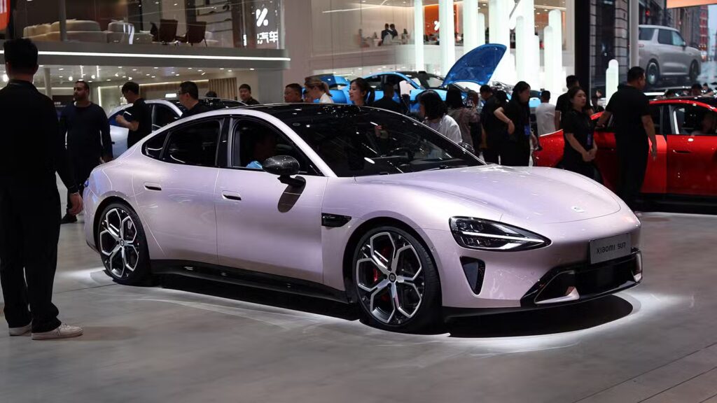 A Xiaomi SU7 on display at the Beijing Auto Show in April 2026.
