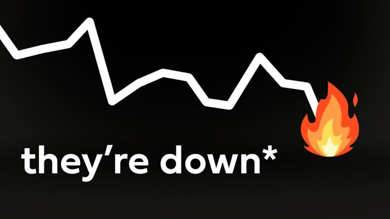 White jagged downward line graph on a dark gradient background with a flame emoji and the caption they're down*.