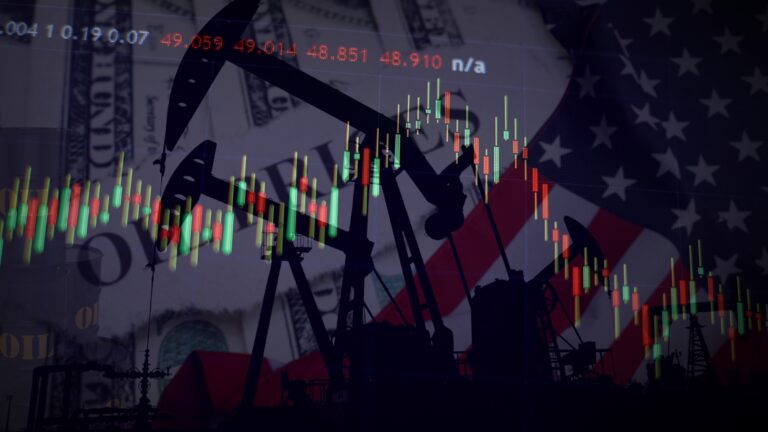 Oil pump jacks silhouetted against a composite background featuring an American flag, U.S. currency, and stock market candlestick charts with price ticker data.