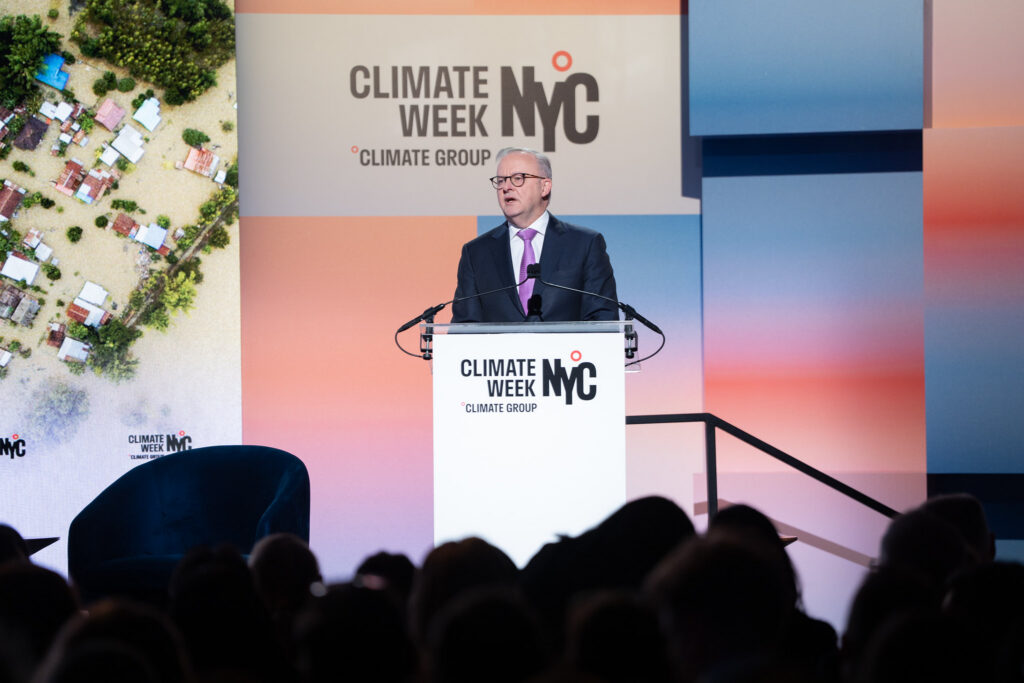 Australian prime minister Anthony Albanese speaking at the New York Climate Week opening ceremony.