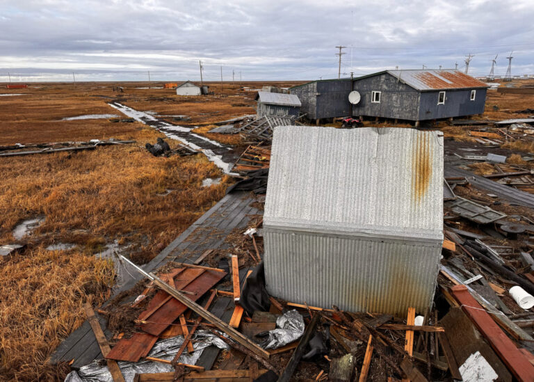 Damage in Kwigillingok from ex-Typhoon Halong is seen on Oct. 16, 2025. (Photo provided by the Alaska National Guard)